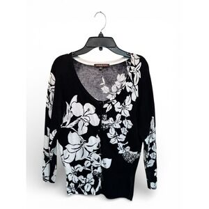 Adrienne Vittadini Studio Cardigan Small Black White Floral Button Front Knit
